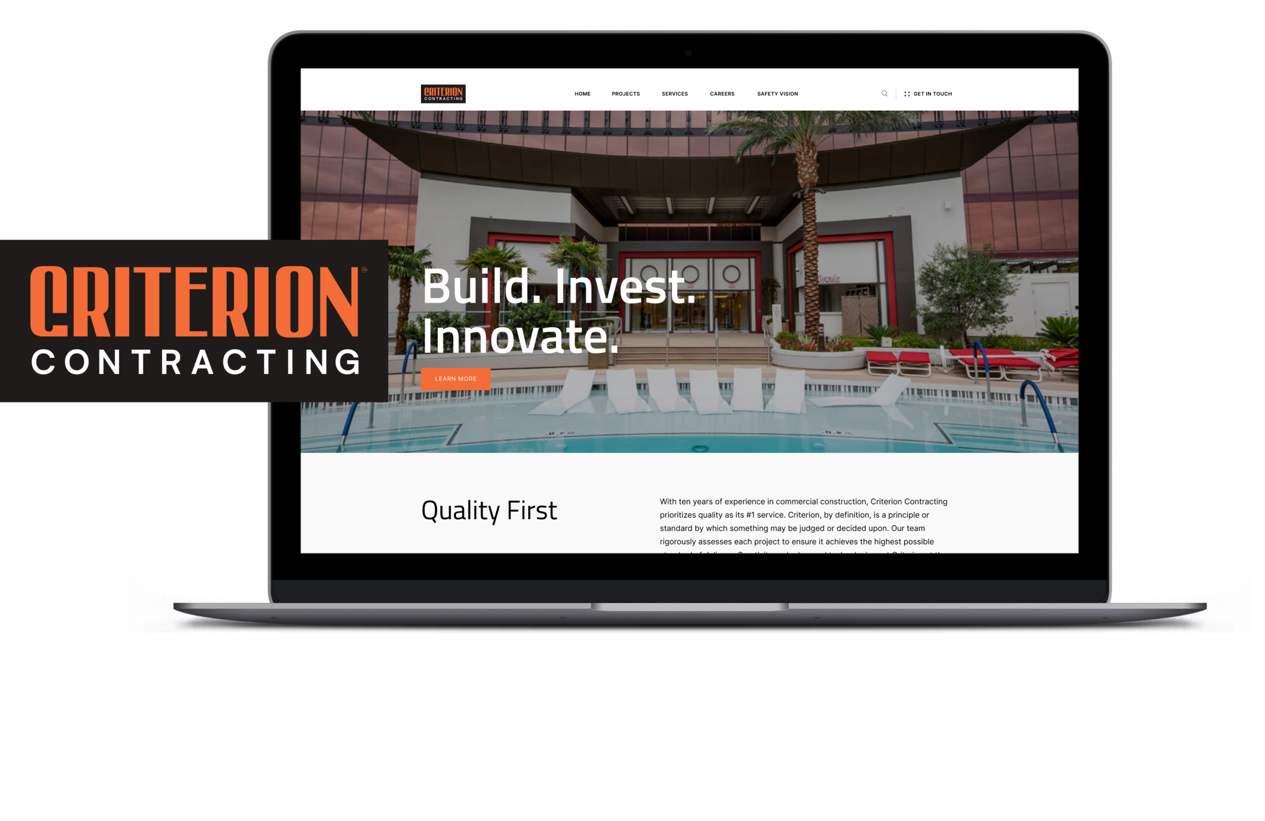 A laptop screen with the homepage of the criterion contracting displayed on it. Their logo overlaps the laptop.